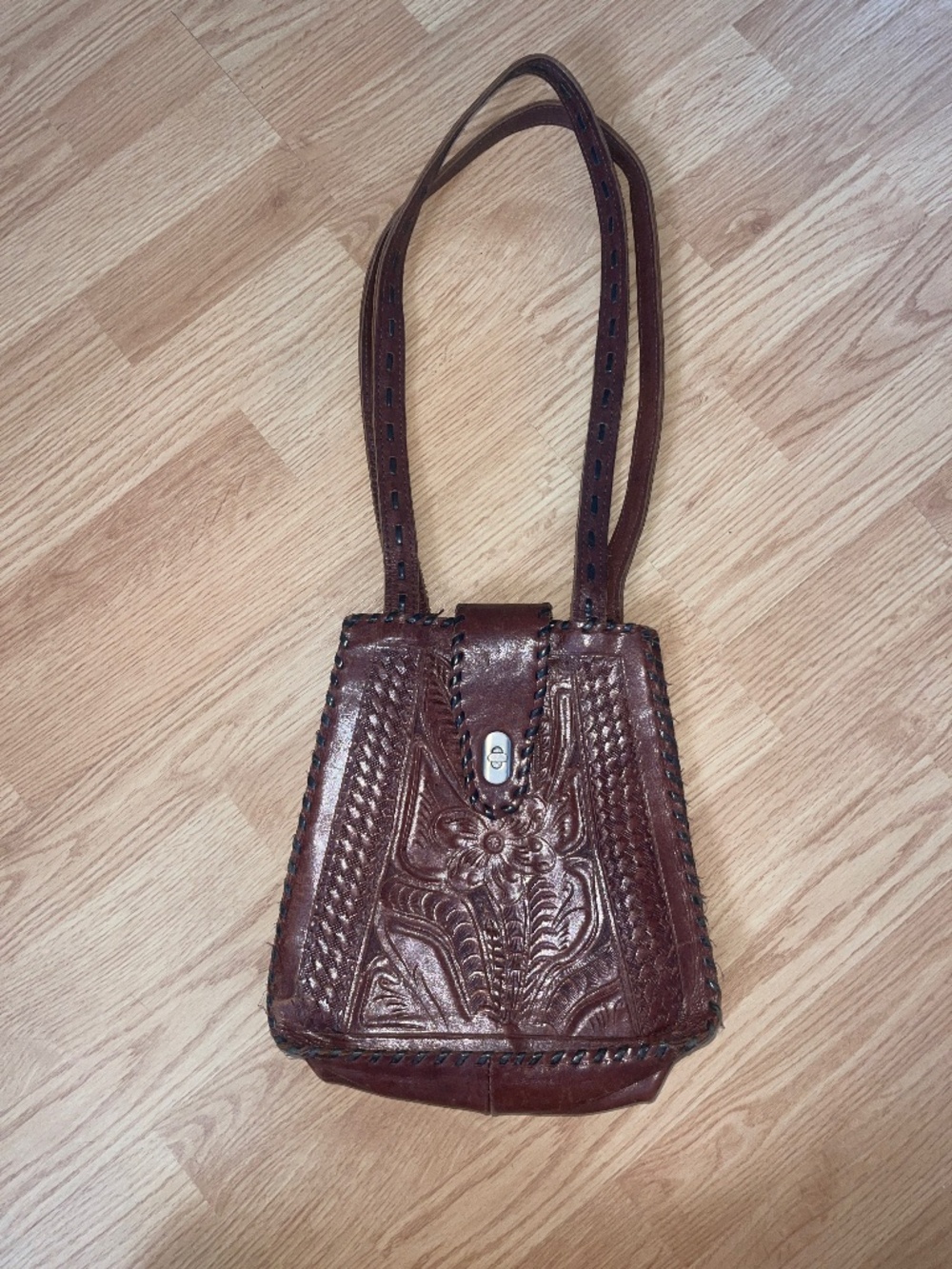 Leaders In Leather Brown Floral Clasp Lock Shoulder Bag Purse